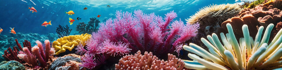 Horizontal banner with ocean reef with colorful tropical corals and sunlight streaming through the sea water. Underwater world beauty illustration. Generative AI