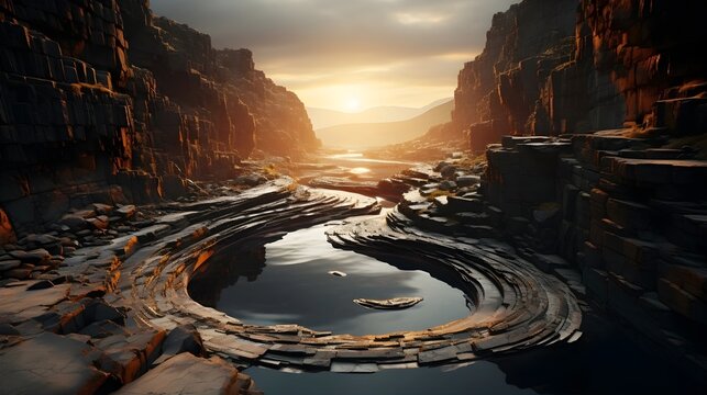 Anamorphic lens photography of a winding river, distorting the perspective and creating a cinematic feel. (Generative AI)