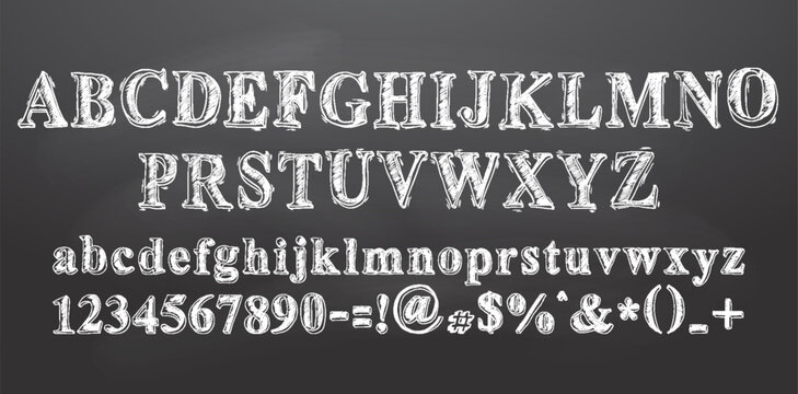 Set of retro hand drawn alphabet letters drawing with white chalk on chalkboard