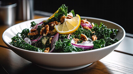 Kale Salad, kale and other ingredients are chopped finely and layered in a bowl, Soft natural light, a white bowl with simple garnishes, lemon wedges, nuts for texture, green kale. Generative AI