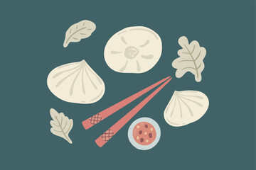Chinese dumplings hand drawn icons set