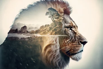 Foto op Aluminium Modern design male lion with double exposure background of african jungle and savanna landscape as concept of the natural adventure and majestic wildlife animal. Superb Generative AI. © Summit Art Creations