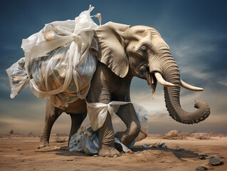 Fototapeta premium éléphant luttant contre la pollution des déchets plastiques
