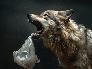 Loup luttant contre la pollution des déchets plastiques