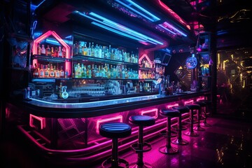 Neon Nights: Cyberpunk-themed Cocktail Bar Illuminated with Cutting-edge Mixology
