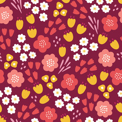 Floral seamless pattern with colorful flowers, dots, daisy, chamomile