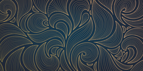 Vector golden leaves, swirls art deco wallpaper background, hand drawn pattern. Line design for interior design, textile, texture, poster, package, wrappers, gifts. Luxury. Japanese style. - 618468943