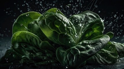 Closeup Fresh Green Spinach hit by splashes of water with black blur background
