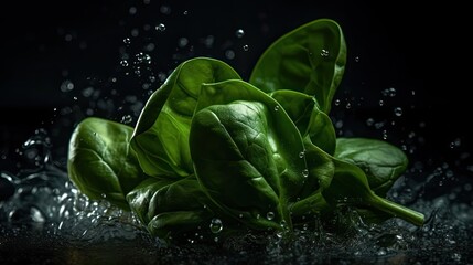 Closeup Fresh Green Spinach hit by splashes of water with black blur background