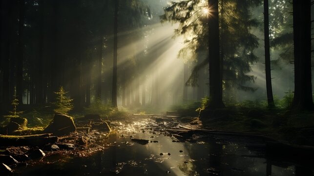 Pinhole camera photography of a serene forest clearing, capturing the scene with soft focus and a dreamlike quality. (Generative AI)