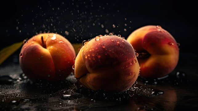 Fresh Peach hit by splashes of water with black blur background