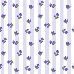 Seamless pattern with small lavender flowers and vertical stripes. Endless violet floral background. Holiday wrapping paper, Provence wedding style, Wallpaper, banner, decorative template. 