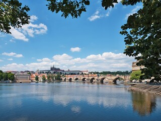 Obraz premium Panorama of the old town with the Charles Bridge over the Vltava River and Prague Castle, Prague, Czech Republic