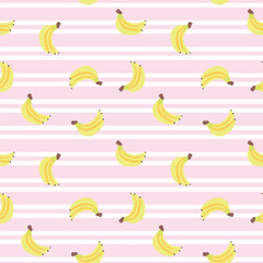 Seamless banana with pink stripes pattern. Flat style fruit vector illustration. Summer Background for Wallpaper, Wrapping paper, Banner, postcard design, Package, Textile, Printing, Swimsuit.