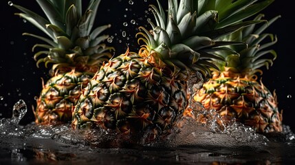 Fresh Pineapple hit by splashes of water with black blur background