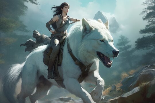 illustration AI de fantaisie, jeune fille guerrière chevauchant un loup blanc géant dans un paysage fantastique