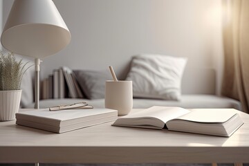 In front of a fuzzy living room background, a workspace tabletop with books and copy space for your product presentation is shown. background of a cozy, minimalist living room is blurred. Generative