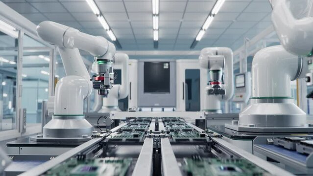Timelapse of Fully Automated PCB Assembly Line Equipped with Advanced High Precision Robot Arms at Electronics Factory. Component Installation on Circuit Board. Electronic Devices Production Industry
