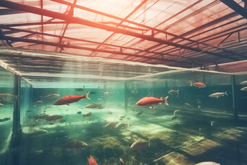 Trout in the pool at the fish farm, illustration. Generative AI. Fish, fishing, animal, aquaculture, pisciculture and mariculture, image - obrazy, fototapety, plakaty