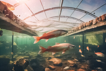 Trout in the pool at the fish farm, illustration. Generative AI. Fish, fishing, animal, aquaculture, pisciculture and mariculture, image