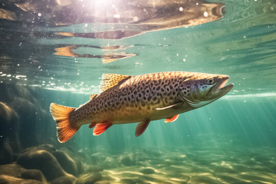 Trout in the pool at the fish farm, illustration. Generative AI. Fish, fishing, animal, aquaculture, pisciculture and mariculture, image