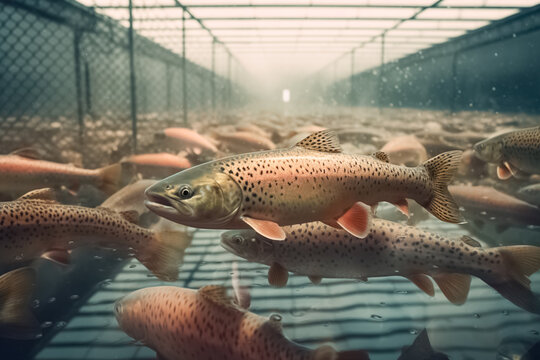 Trout in the pool at the fish farm, illustration. Generative AI. Fish, fishing, animal, aquaculture, pisciculture and mariculture, image