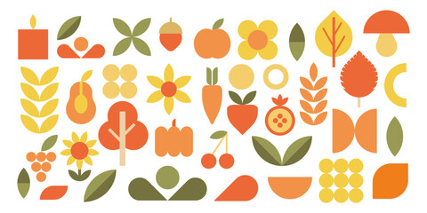 Abstract geometric shapes, bauhaus geometric elements. Trendy minimalist basic figures, fruits, vegetables and trees