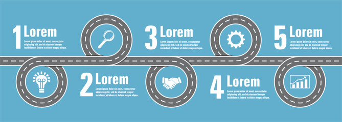 Infographic with winding road with five steps. Icon material to illustratrate. Vector illustration. 