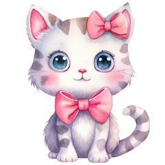 Cute Cat with Pink Ribbon for Joyful Baby Shower Celebrations, Whimsical Watercolor Animal Artwork, Isolated on transparent background. Generative AI