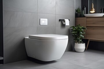Naklejka na ściany i meble In a contemporary bathroom, a gray wall contrasts with a ceramic white toilet bowl. Generative AI