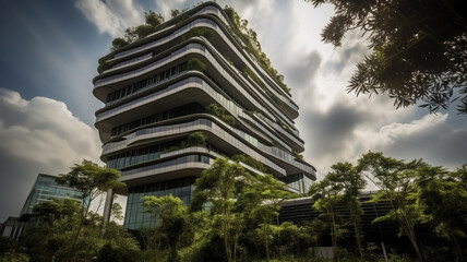 Architecture, environment and future with buildings in city for construction, sustainability and futuristic. Ai generated, glass and eco friendly with town for carbon footprint , ecology and plant
