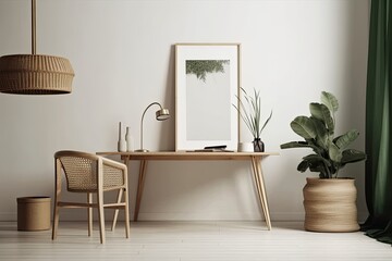 In a room with a simple interior are a blank poster, a table, and a plant. Generative AI