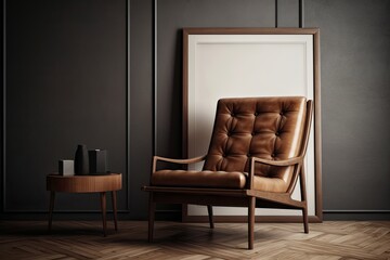 Illustration of a mock up blank picture frame with a leather chair. Generative AI