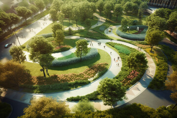 Architecture, environment and future with park in city for carbon footprint, eco friendly and...