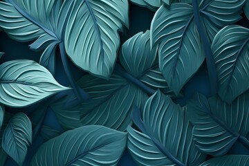 Tropical Leaves Collection in Shades of Blue with Space Background and Copy Space Generative AI
