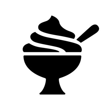 recommend clip art: Ice cream cup icon, black silhouette on white. Soft serve gelato or sundae in glass with spoon. Vector element for minimalist summer design and print, street food illustration or logo.
