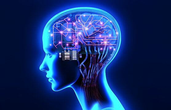 A person's brain with a chip implanted in it, side profile, neon science image. Neon lighting.