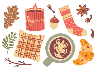 Candle, coffee, croissant, pillow, spice, leaves. Autumn mood decor. Fall season. Set of vector illustrations.