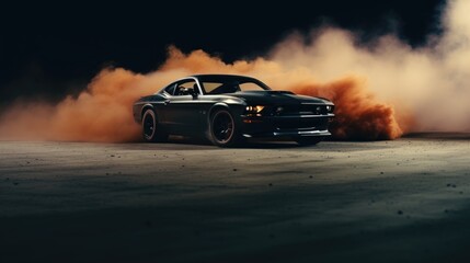 Fototapeta na wymiar Drifting car. Car in smoke. Supercar in motion. Sports car drifting in smoke. Supercar in fog front view. 