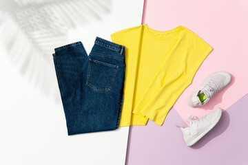 Yellow t-shirt, blue jeans and white sneakers on pink and white background