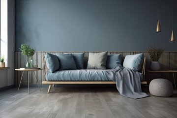 grey sofa with a Scandinavian flair. walls that are blue and have copy space. minimal in scope. digital representation. Generative AI