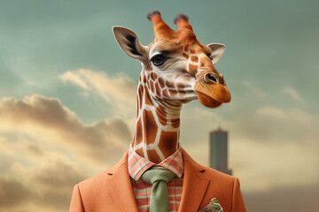 Collage of anthropomorphic person with giraffe face stylish trend business boss generative ai picture