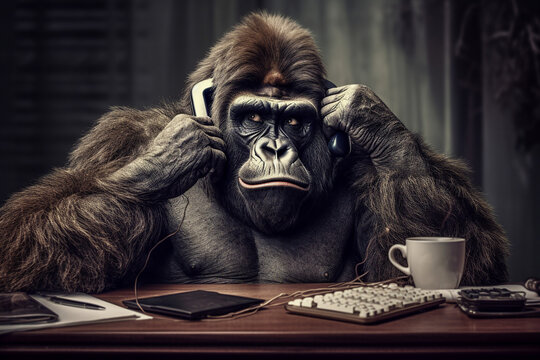 Creative artwork generative ai collage of anthropomorphic gorilla worker multitasking chatting on two phone in retro office