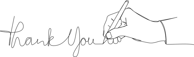 continuous single line drawing of hand with pen writing words THANK YOU, line art vector illustration