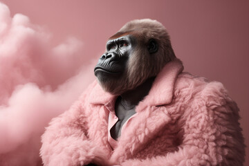 Generated ai template collage of unusual person with gorilla head wear fashionable fluffy coat on pink background - obrazy, fototapety, plakaty