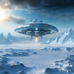 Fototapeta na wymiar Alien spacecraft lands on a frozen planet, snow covered mountains