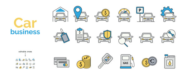 Set of car business icons in yellow and blue. Auto sale, credit, insurance, car dealership, repair, search, speedometer, spare parts. Vector illustration.
