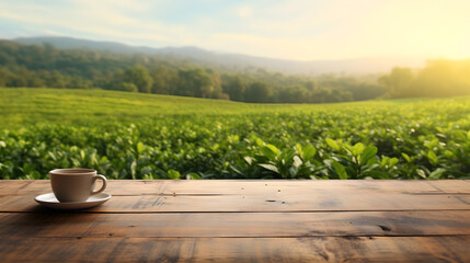 Wooden table blurry tea plantation background beautiful, morning