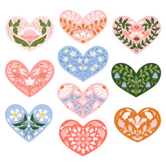 Set of vector illustrated floral hearts in folk art style