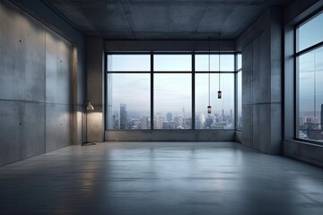 Front view of a dark, empty living room with a blank, grey wall, a large window that looks out onto a metropolitan skyline, and a concrete floor. simple design idea with room for original thought